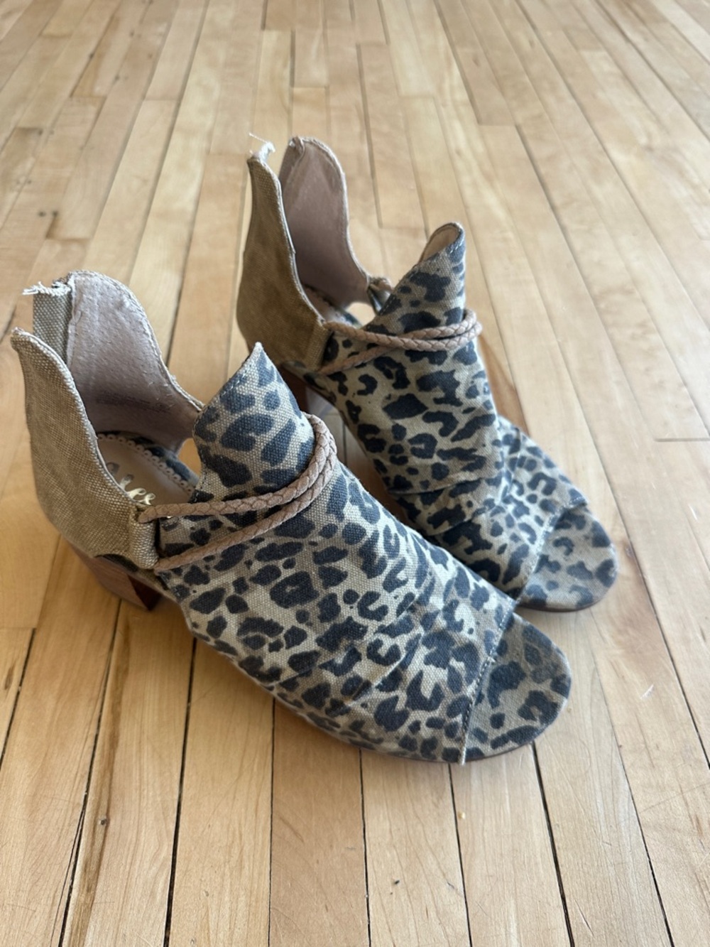 Very G Leopard Print Peep-Toe Ankle Booties in Tan and Black
